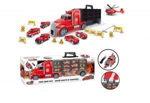 משאית גדולה של כיבוי אש עם כלי תחבורה ואביזרים