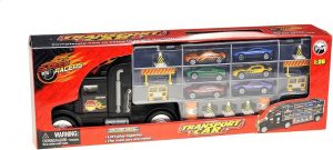 משאית שחורה גדולה עם כלי תחבורה ואביזרים