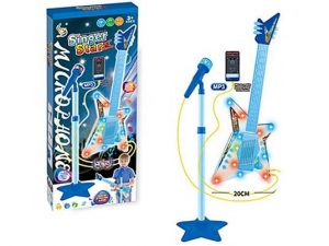 גיטרה אלקטרונית כחולה עם מעמד ומיקרופון  - שירן